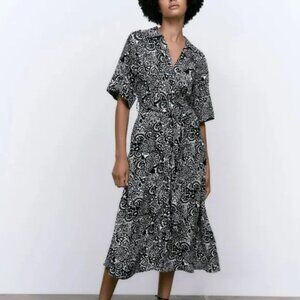 ZARA NWT COLLARED PAISLEY PRINT MIDI SHIRT DRESS WITH BELT Women's Size Medium